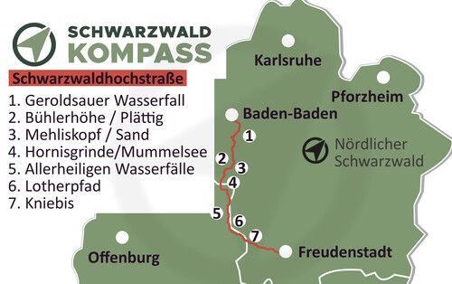 Die Strecke verläuft durch den Nationalpark vorbei am Mummelsee,  Ruhestein, Hornisgrinde, Unterstmatt, Schliffkopf bis nach Freudenstadt.